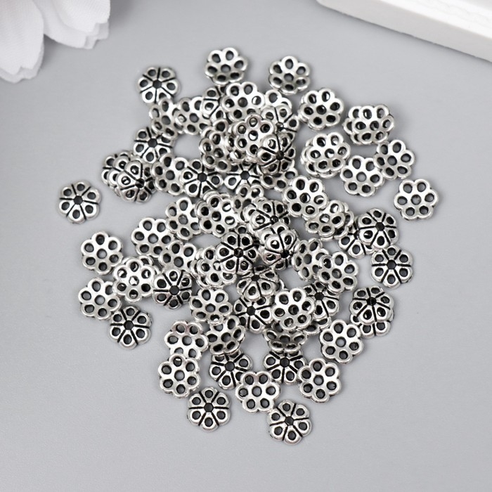 Декор шляпка для бусин металл "Цветочек" серебро G014B695 набор 80 шт 0,6х0,6 см