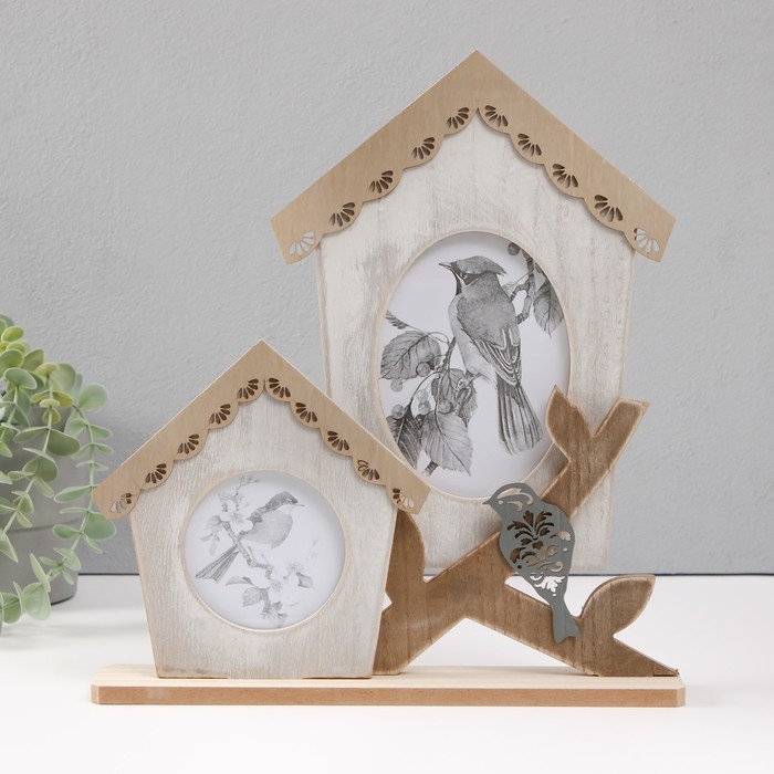 Фоторамка дерево на 2 фото 9х9 и 10х14 см Фоторамка дерево на 2 фото 9х9 и 10х14 см "Домики с птичкой на ветке" 29х5х32 см