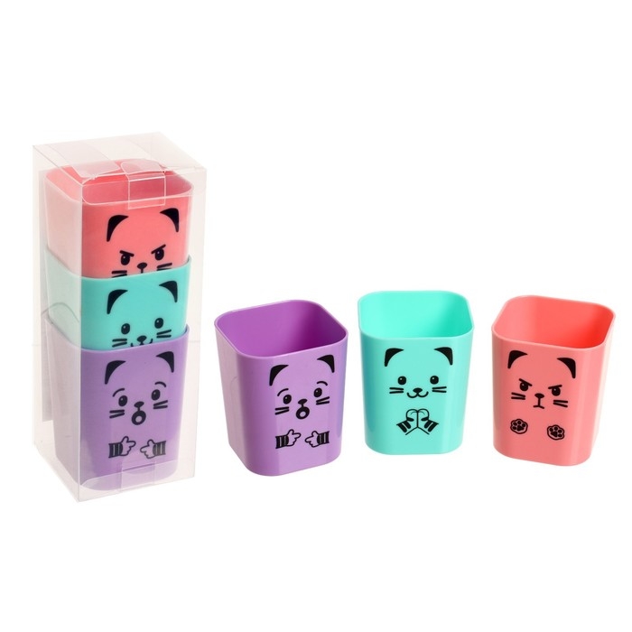Подставка-стакан для канцелярии, 3 штуки, 3 цвета, deVENTE, Kitty, пластик, квадратные Подставка-стакан для канцелярии, 3 штуки, 3 цвета, deVENTE, Kitty, пластик, квадратные