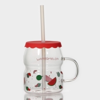 Кружка стеклянная с силиконовой крышкой и трубочкой &laquo;Фрутис&raquo;, 400 мл, цвет МИКС