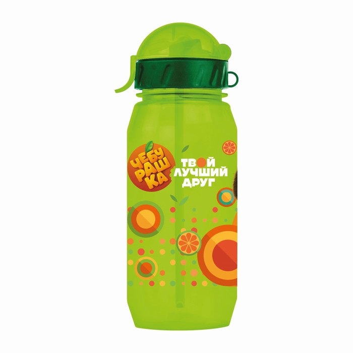 Бутылочка детская с силиконовой трубочкой &laquo;Чебурашка&raquo;, 400 мл., со шнурком, цвет и рисунок МИКС