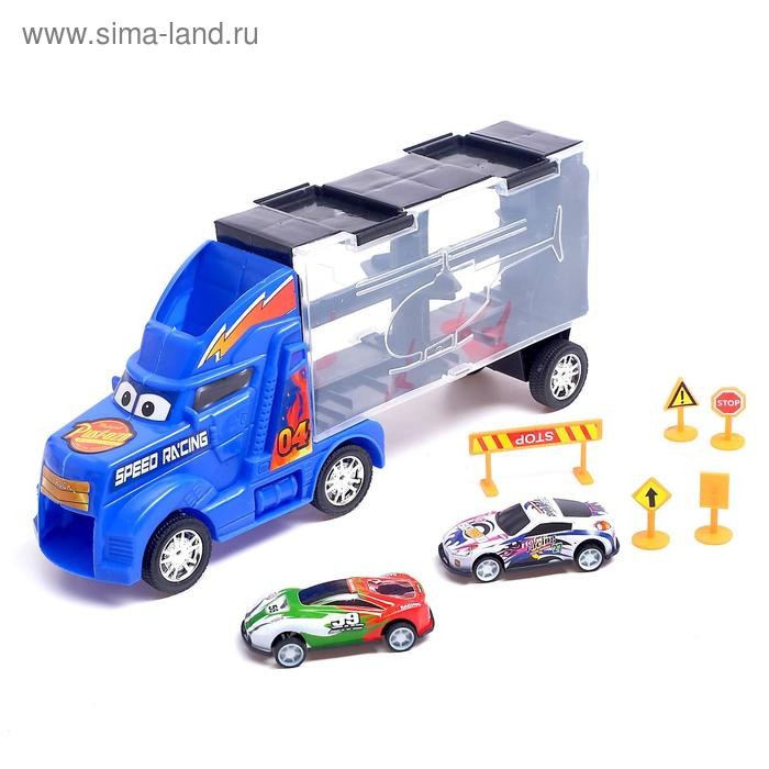 Гараж детский &laquo;Грузовик &laquo;Перевозчик&raquo;, 2 металлические машинки и дорожные знаки, МИКС