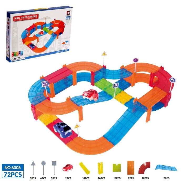 Конструктор магнитный &laquo;Магический трек&raquo;, машинка ездит от батареек, 72 детали