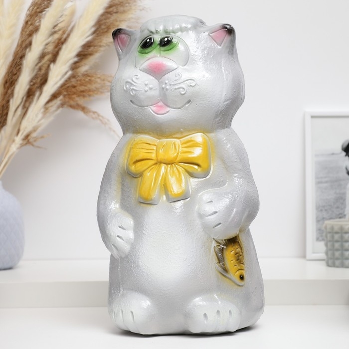 Копилка Копилка "Кот с бантом и рыбкой" серый, 38см