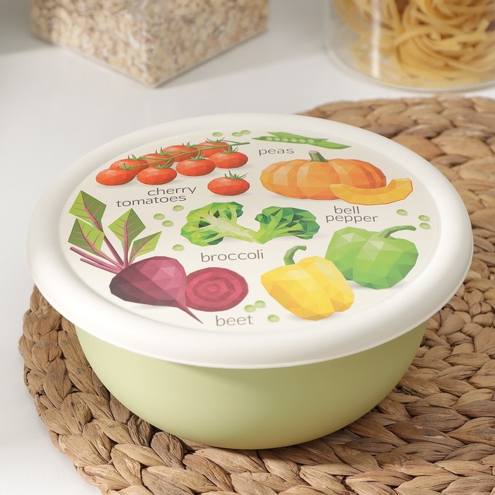 Миска с крышкой, 1,2 л, d=18 см, h=8 см, с декором, цвет салатовый Миска с крышкой, 1,2 л, d=18 см, h=8 см, с декором, цвет салатовый