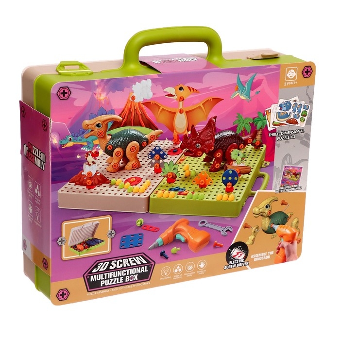 Конструктор винтовая мозаика &laquo;Диномир&raquo;, с электрическим шуруповёртом, 216 деталей