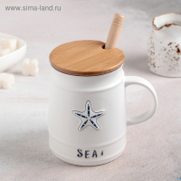 Кружка керамическая с деревянной крышкой и ложкой «Морская», 400 мл, рисунок МИКС Кружка керамическая с деревянной крышкой и ложкой «Морская», 400 мл, рисунок МИКС