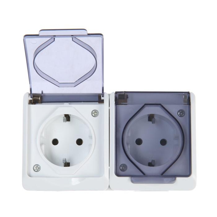 Розетка двухместная, 16 А, накладная, с з/к, IP44, уличная, белая Розетка двухместная, 16 А, накладная, с з/к, IP44, уличная, белая