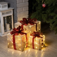 Светодиодная фигура &laquo;Подарки с золотистой нитью&raquo; 15, 20, 25 см, текстиль, металл, батарейки ААх2 (не в комплекте), свечение тёплое белое