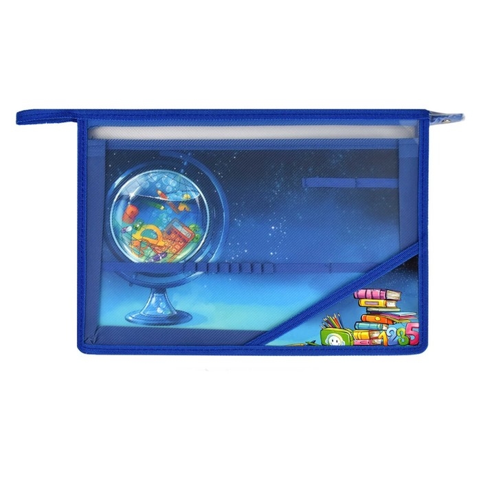 Папка для труда А4, молния сверху, пластиковая, Феникс Папка для труда А4, молния сверху, пластиковая, Феникс "Глобус" голубая