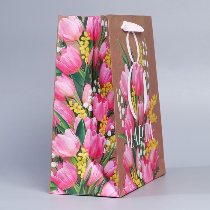 Пакет подарочный крафтовый вертикальный, упаковка, &laquo;8 марта&raquo;, ML 27 х 23 х 11.5 см