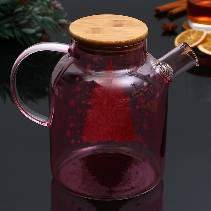 Новый год. Чайник заварочный стеклянный с бамбуковой крышкой &laquo;Розовая сказка&raquo;, 1700 мл