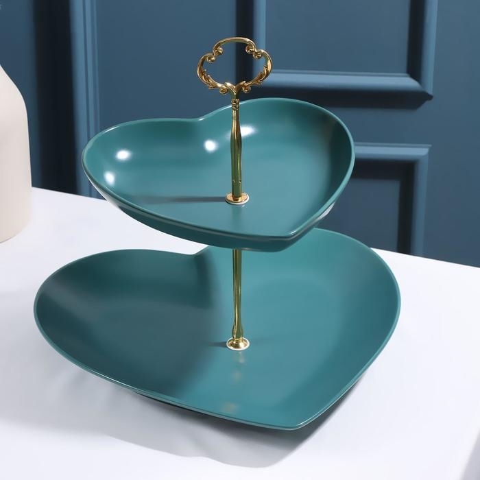 Блюдо керамическое 2-х ярусное «Сердца», 19×18/26×25 см, цвет зелёный Блюдо керамическое 2-х ярусное «Сердца», 19×18/26×25 см, цвет зелёный