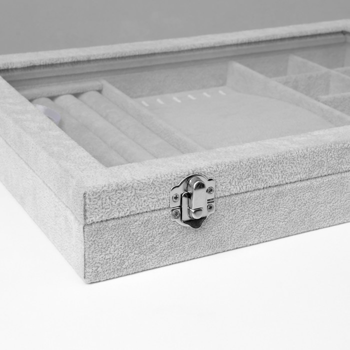 Подставка для украшений «Шкатулка» 4 полосы, 7 крючков, 8 ячеек, стеклянная крышка, цвет серый Подставка для украшений «Шкатулка» 4 полосы, 7 крючков, 8 ячеек, стеклянная крышка, цвет серый