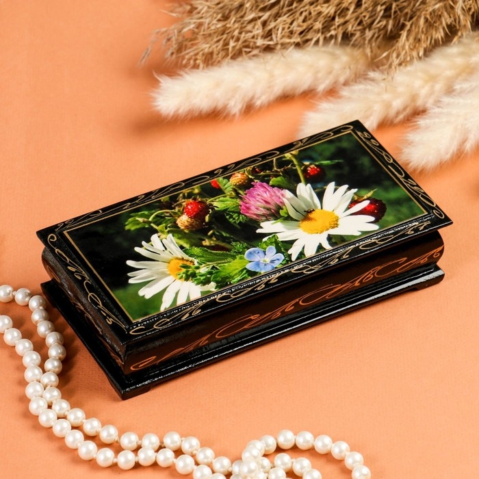 Шкатулка - купюрница «Ромашки с ягодами», 8,5×17 см, лаковая миниатюра Шкатулка - купюрница «Ромашки с ягодами», 8,5×17 см, лаковая миниатюра