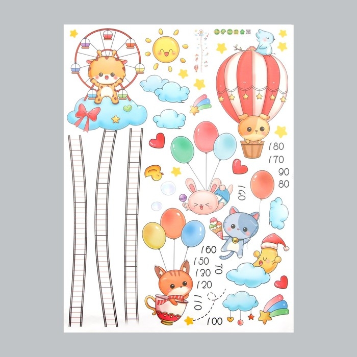Наклейка пластик интерьерная цветная ростомер Наклейка пластик интерьерная цветная ростомер "Зверята в облаках" 45x60 см