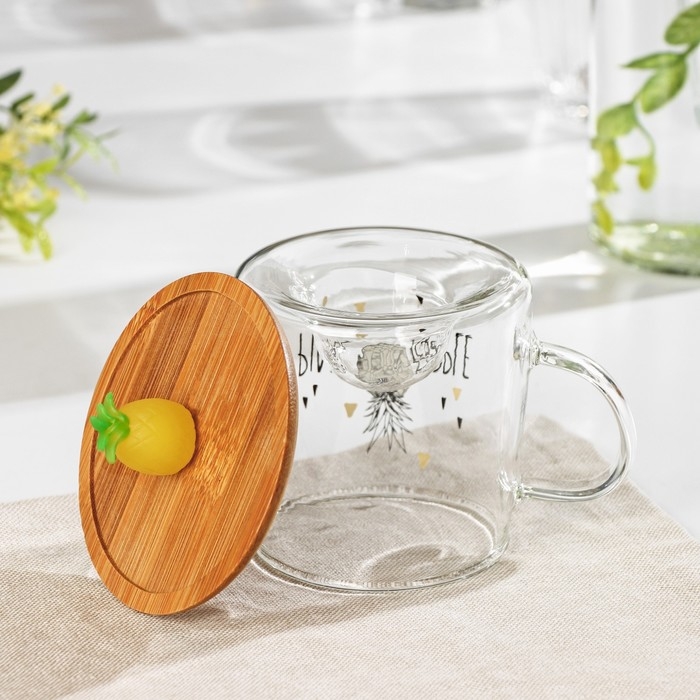 Кружка стеклянная с деревянной крышкой «Ананасик», 300 мл Кружка стеклянная с деревянной крышкой «Ананасик», 300 мл