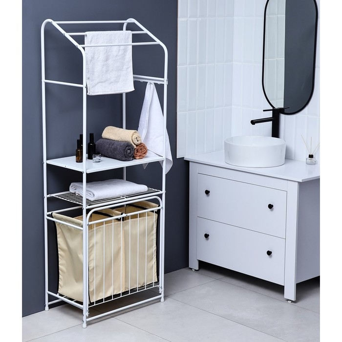 Стеллаж с двойной корзиной для белья и перекладинами, 2-х ярусный, 60&times;35&times;160 см, цвет белый