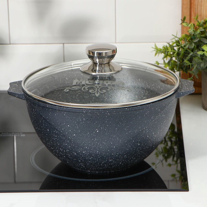 Казан &laquo;Гранит&raquo;, 4 л, стеклянная крышка, литые ручки, антипригарное покрытие, цвет серый