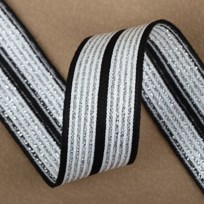 Тесьма трикотажная лампас 25 мм, 9,1 &plusmn; 0,5 м, цвет чёрный/белый