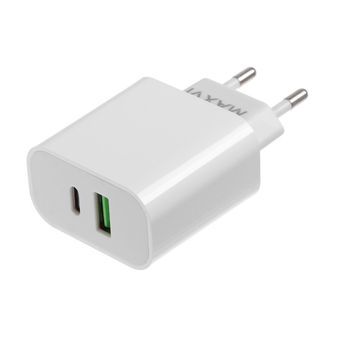 Сетевое зарядное устройство Maxvi CHL-602PD, USB/USB-C, 6 А, 30 Вт, быстрая зарядка, белое Сетевое зарядное устройство Maxvi CHL-602PD, USB/USB-C, 6 А, 30 Вт, быстрая зарядка, белое