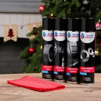 Новогодний подарочный набор для ухода за авто "С новым годом!", набор автохимии: силиконовая смазка 400 мл, полироль пластика 400 мл, очиститель салона 400 мл, чернитель шин 400 мл + микрофибра Новогодний подарочный набор для ухода за авто "С новым годом!", набор автохимии: силиконовая смазка 400 мл, полироль пластика 400 мл, очиститель салона 400 мл, чернитель шин 400 мл + микрофибра