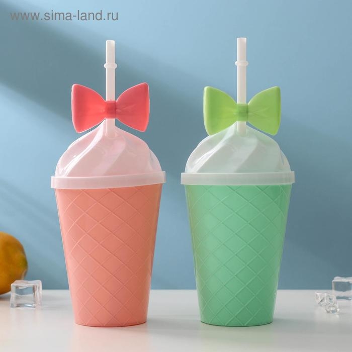 Стакан &laquo;Бантик&raquo;, 500 мл, 16&times;9&times;9 см, с крышкой и трубочкой, цвет МИКС