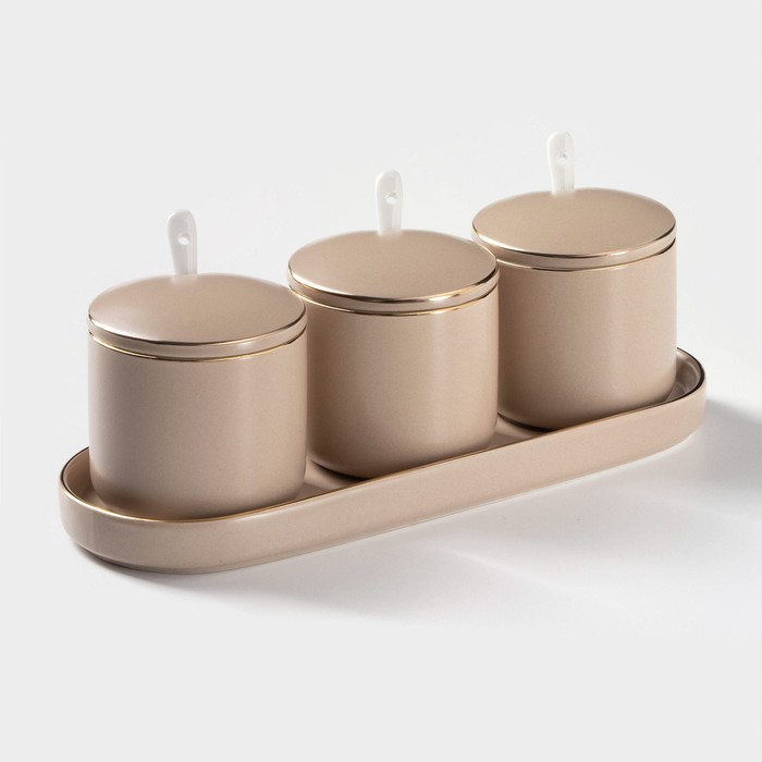 Банки для хранения сыпучих продуктов с ложками на подставке &laquo;Пастель&raquo;, 3 предмета: 250 мл, 8&times;8 см, керамические, цвет бежевый