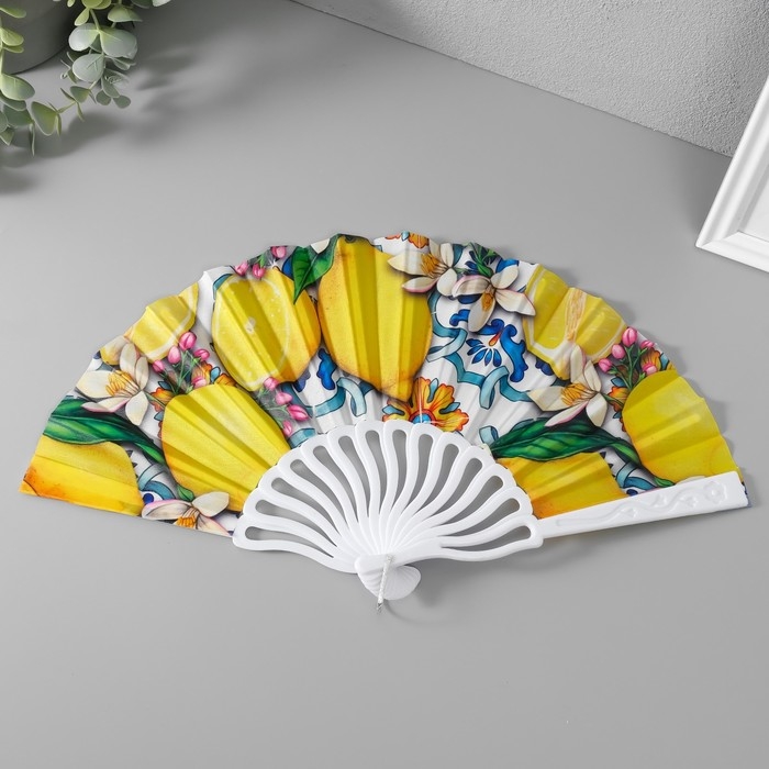 Веер пластик, текстиль "Лимонный орнамент" МИКС 23 см