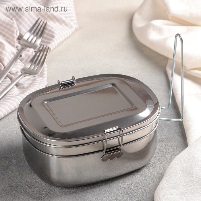 Контейнер для еды из нержавеющей стали с держателем, 17×13, 2 уровня Контейнер для еды из нержавеющей стали с держателем, 17×13, 2 уровня