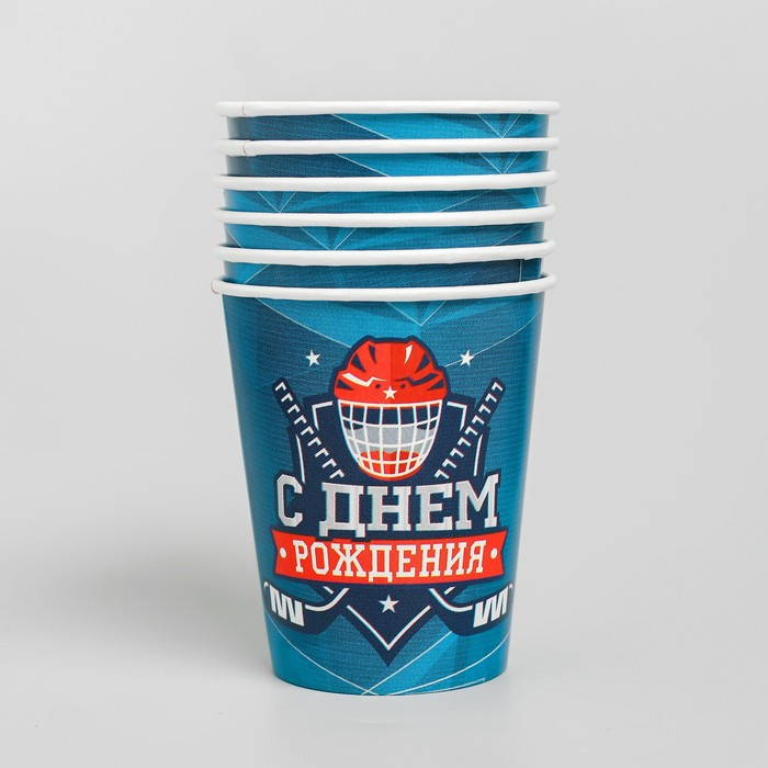 Набор бумажной посуды одноразовый С днём рождения. Хоккей&raquo;, 6 тарелок, 6 стаканов, 6 колпаков, 1 гирлянда