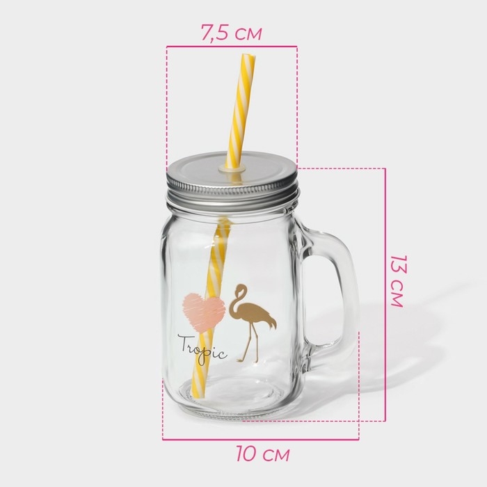 Кружка стеклянная Доляна &laquo;Золотой фламинго&raquo;, 450 мл, 10&times;7,5&times;13 см, с ручкой, крышкой и трубочкой