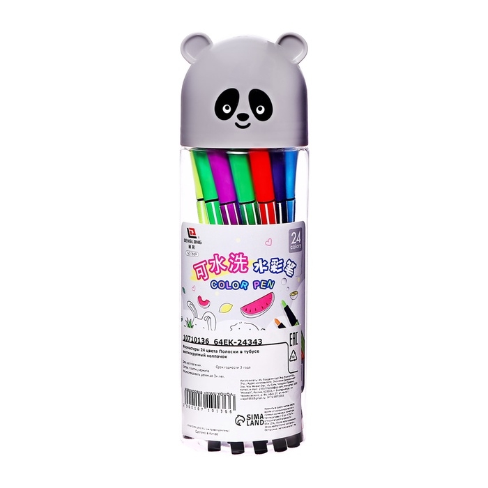 Фломастеры 24 цвета Полоски в тубусе вентилируемый колпачок, Панда серая