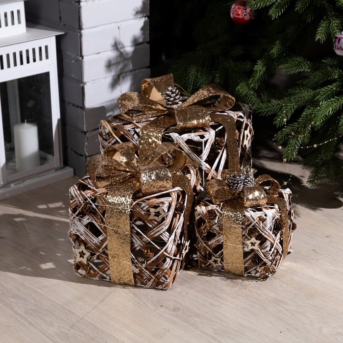 Светодиодная фигура &laquo;Подарки лесные&raquo; 15, 20, 25 см, текстиль, металл, батарейки ААх2 (не в комплекте), свечение тёплое белое