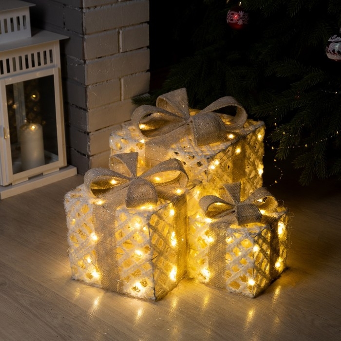 Светодиодная фигура &laquo;Ажурные подарки&raquo; 15, 20, 25 см, текстиль, металл, батарейки ААх2 (не в комплекте), свечение тёплое белое