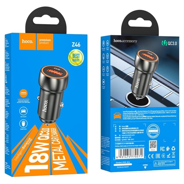 Автомобильное зарядное устройство Hoco Z46, 1 USB, 18 Вт, PD + QC, чёрное Автомобильное зарядное устройство Hoco Z46, 1 USB, 18 Вт, PD + QC, чёрное