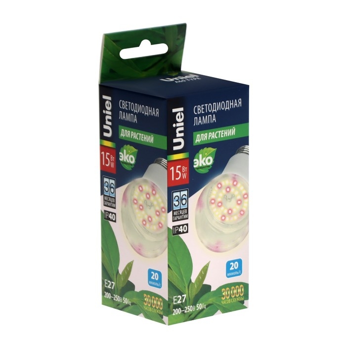 Фитолампа светодиодная Uniel, А60, Е27, 15 Вт, 250 В, 220&deg;, спектр для фотосинтеза