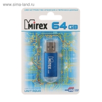 Флешка Mirex UNIT AQUA, 64 Гб, USB2.0, чт до 25 Мб/с, зап до 15 Мб/с, синяя Флешка Mirex UNIT AQUA, 64 Гб, USB2.0, чт до 25 Мб/с, зап до 15 Мб/с, синяя