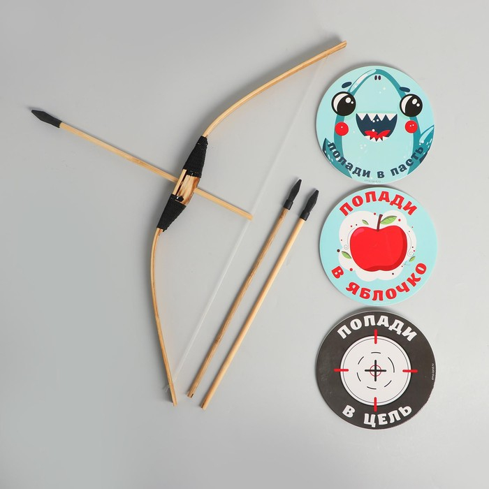 Лук деревянный 50 см, 3 стрелы, резиновые наконечники, 3 мишени
