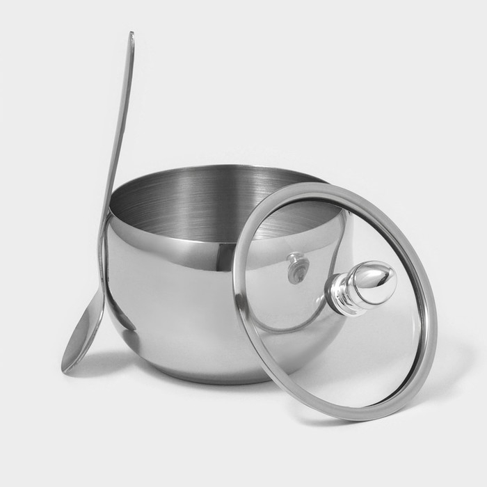 Сахарница из нержавеющей стали с крышкой и ложкой Доляна, 250 мл, 8,5&times;10 см, цвет серебряный