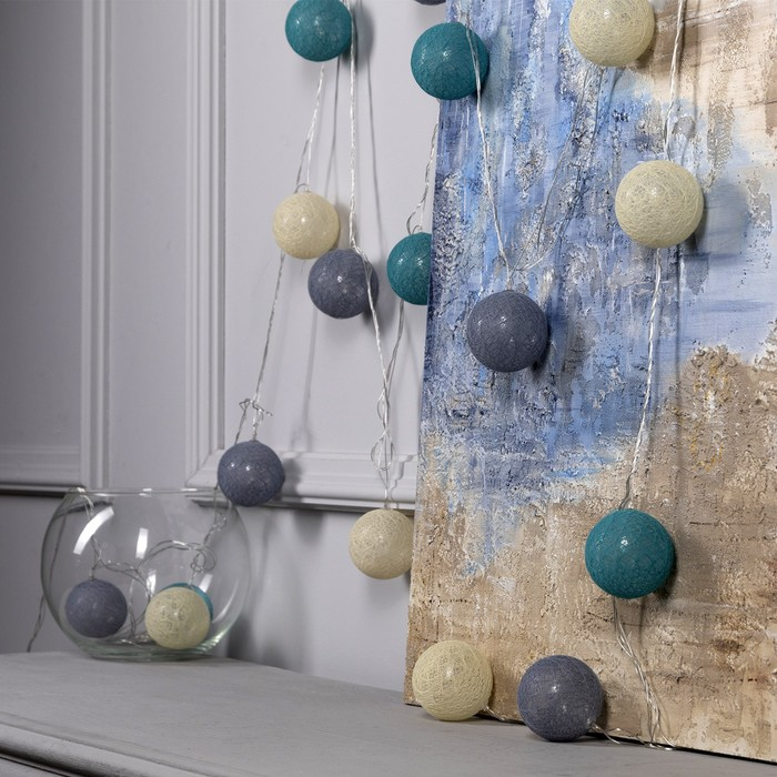 Гирлянда &laquo;Нить&raquo; 5 м с насадками &laquo;Клубки серо-зелёные&raquo;, IP20, прозрачная нить, 20 LED, свечение белое, 220 В