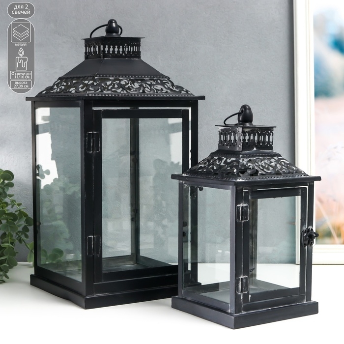 Подсвечник металл, стекло Подсвечник металл, стекло "Этна" чёрный набор 2 шт 19х19х39 см, 14х14х27 см