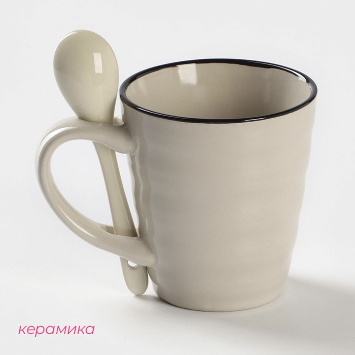 Кружка керамическая с ложкой Доляна &laquo;Ноель&raquo;, 280 мл, цвет бежевый
