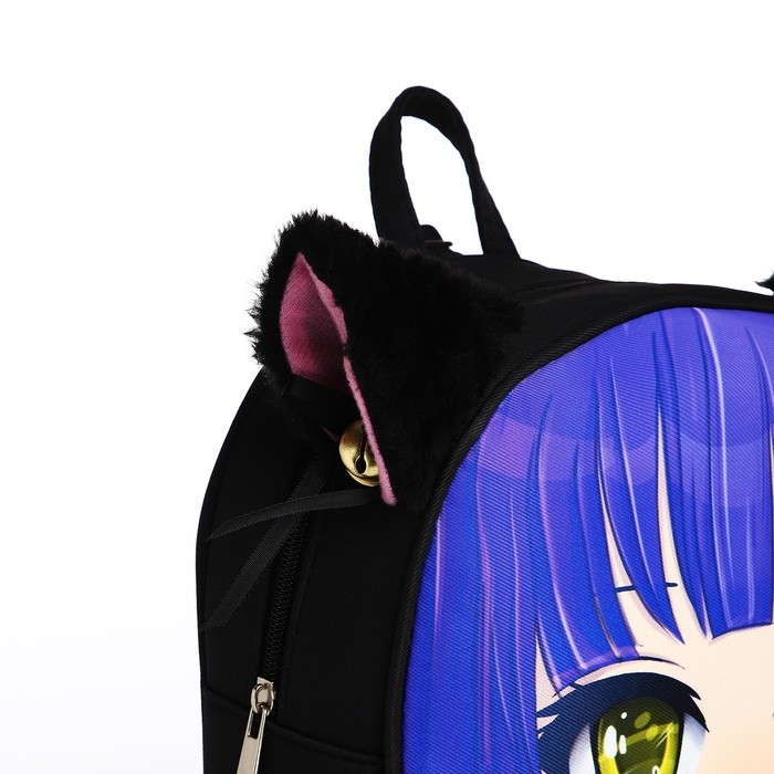 Рюкзак школьный текстильный с ушками на заколках &laquo;Аниме&raquo;, 27х23 см, чёрный/фиолетовый