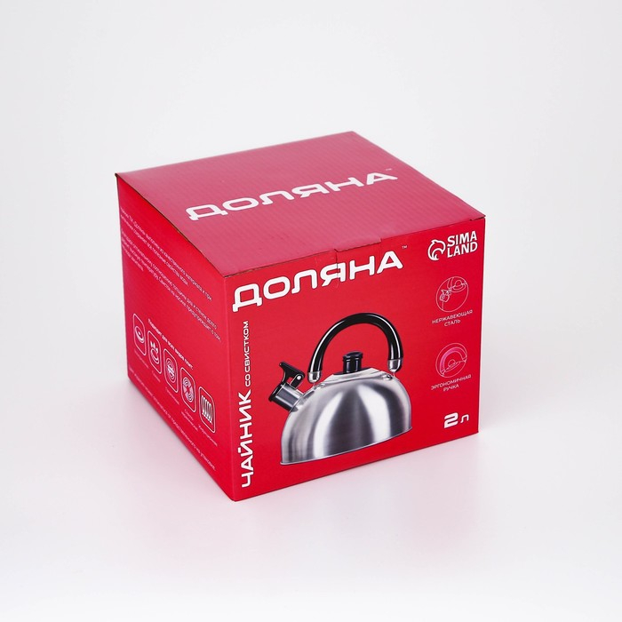 Чайник со свистком из нержавеющей стали Доляна «Чёрная ночь», 2 л, индукция, цвет хромированный Чайник со свистком из нержавеющей стали Доляна «Чёрная ночь», 2 л, индукция, цвет хромированный