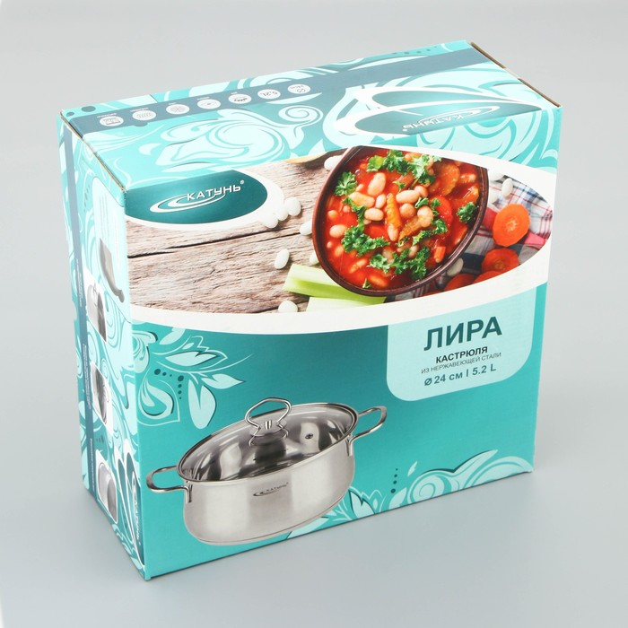 Кастрюля &laquo;Лира&raquo;, 5,2 л, d=24 см, капсульное дно, стеклянная крышка, индукция