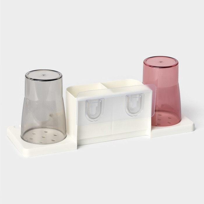 Держатель для зубных щеток настенный, с 2 стаканами на липучках, 31&times;9&times;14 см, цвет белый