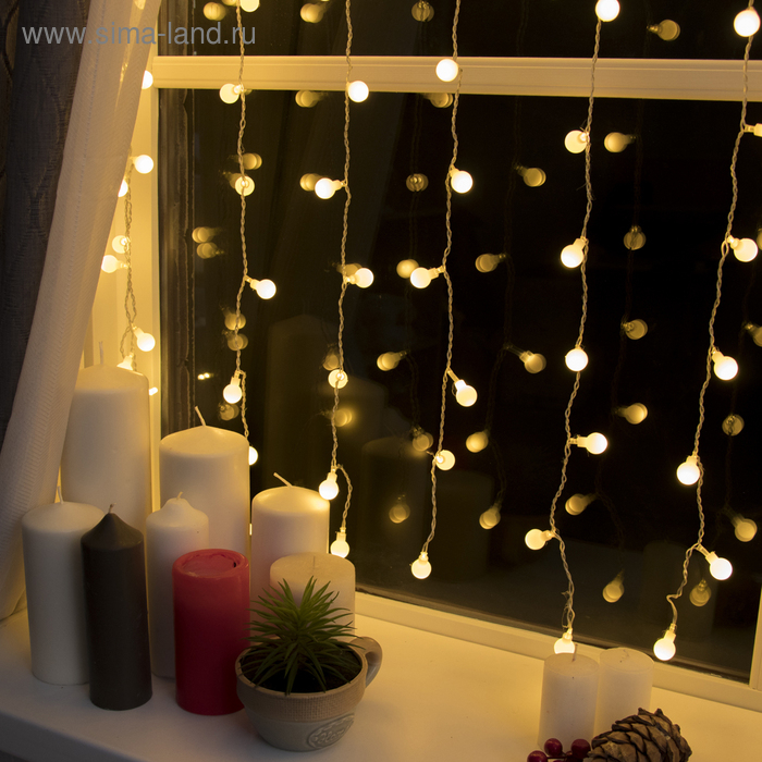Гирлянда &laquo;Занавес&raquo; 2 х 1.5 м с насадками &laquo;Шарики&raquo;, IP20, прозрачная нить, 360 LED, свечение тёплое белое, 8 режимов, 220 В