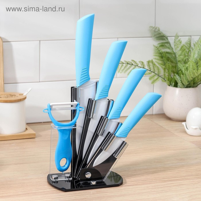 Набор кухонный на подставке Доляна &laquo;Симпл&raquo;, 5 предметов: ножи 7,5 см, 10,5 см, 13 см, 15 см, овощечистка, цвет голубой