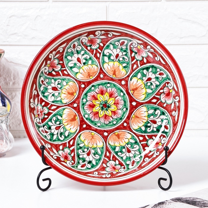 Ляган Риштанская Керамика "Цветы", 25 см, красный